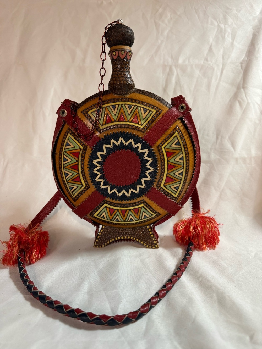 Vintage Handmade  Hungarian Wood & Leather Folk Art Canteen/Flask